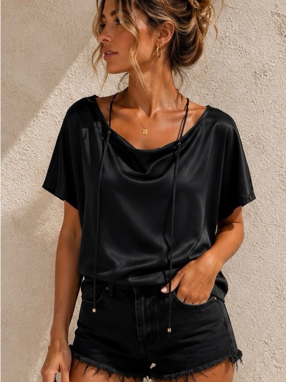 LUNA Black Satin Adjustable Neckline Top | Quiet Luxury Minimalist Blouse Summer
